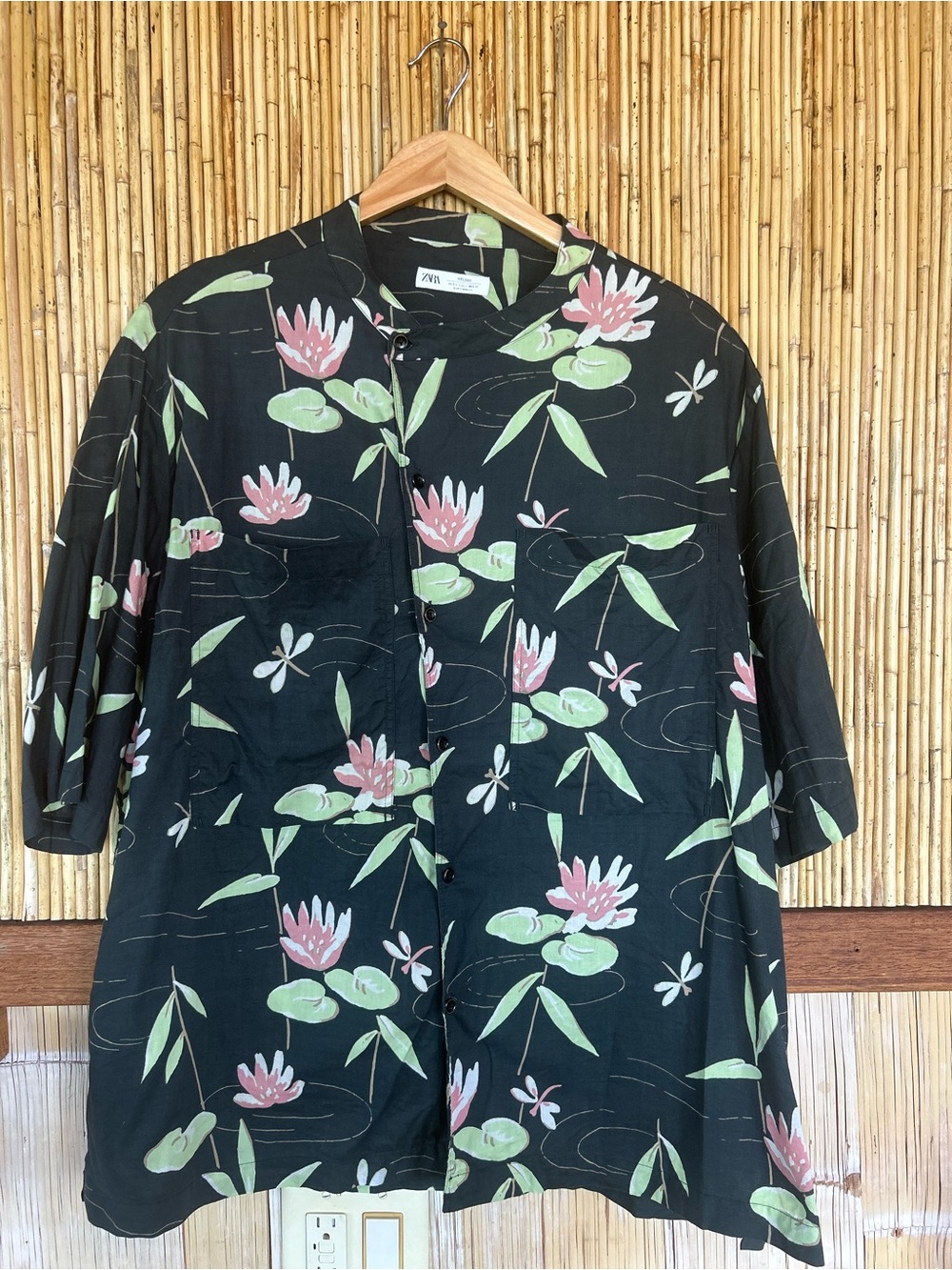 Men’s Asian Collar Button Up L Dark Floral Lotus Goblincore Granolachiral Hawaii